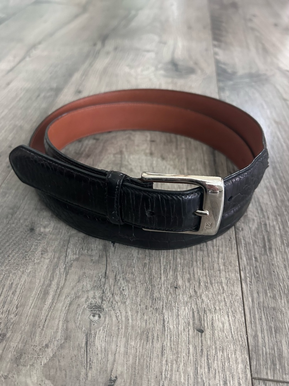 Polo Ralph Lauren Black Croc Embossed Leather Dress Belt Size 42